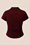 Burgundy Glittery Polo Collar Gathered Blouse - 4