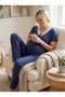 New Season Navy Blue Polka Dot 100% Cotton Short Sleeve Summer Maternity and Postpartum Nursing Pajama Set with Dressing Gown - 6