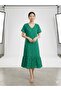 Women's Green Patterned V-Neck Short Sleeve Ruffle Bohemian Dress - 7
