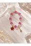 Pink Beaded Flower Detailed Evil Eye Beaded Women's Bracelet – Elastic Design Stylish and Elegant Bracelet