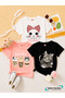 Summer Bandana Cat, Curious Cat, Cats in Cups Printed Girls' Black, White, Pink Colors 3-Piece T-Shirt Set