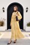 Wide-Sleeved, Patterned, Lined Chiffon Suit with Pleated Skirt - Olive Green - 5