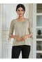 Women's Crew Neck Three Quarter Sleeve Shoulder and Sleeve Guipure Stone Design Detail Summer Tshirt Blouse - 3