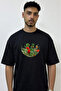 Red Poppy Design Printed Oversize Black T-Shirt