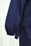 Long Back-Cut Crew Neck Top with Elasticated Sleeves and Trousers Set - Dark Blue - 7