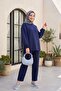 Long Back-Cut Crew Neck Top with Elasticated Sleeves and Trousers Set - Dark Blue - 3