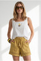 Women's Ecru Square Collar Embroidered Linen Blouse Blz-19003411
