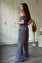 Off-Shoulder Front Knot Detailed Asymmetrical Wide-Leg Gray Suit - 3