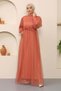 Pearl Detailed Tulle Evening Dress Salmon 12238 - 3