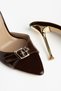 G-57 Brown Patent Leather Buckle Pointed Toe Round Heeled Women's Slippers - 3