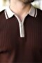 Brown Half Zip Polo Collar Knitwear Men's T-Shirt E7501 - 2