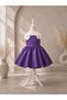 Special Design Perla Model Purple Color with Pearl and Flower Detail Strap Sleeveless Satin Girl's Evening Dress