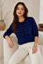 Women's Blue Buttoned Long Sleeve Striped Knitwear Cardigan - 5