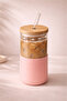 Bamboo Lid Glass Cup with Glass Straw 500 Ml, Heat Resistant Silicone Sleeve Coffee & Smoothie Cup