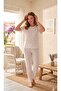 Women's Short Sleeve Crew Neck 100% Cotton Violet Pattern Ribbed Pajama Set