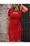 Women's Short Sleeve Viscose Midi Dress with Laser Cut on the Chest and Legs and Deep Gathered Slit Detail - 2