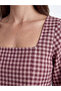 Trendlucky Square Neck Plaid Balloon Sleeve Blouse with Difference in Color - 3