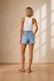 Maria Women's Snow Wash Ice Blue Tasseled Cuffs 45 cm High Waist Lycra Denim Shorts Jeans 2026 - 2