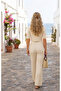 Summer Buttoned Collar Crop Blouse Trousers Ribbed Bottom Top Knitwear Set - 3