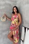 Women Pink Square Neck Floral Print Sleeveless Fitted Waist Midi Dress Nbk4670 - 3