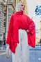 Women's Crew Neck Waist Tie Linen Cape Poncho Red - 4