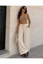 Women's Beige High Waist Elastic Waist Loose Wide Leg Casual Linen Samurai Summer Trousers - 2