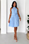 Women's Ecru Halter Neck Layered Mini Dress with Belt