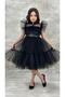 Girl's Black Belted High-Neck Tulle Evening Dress and Graduation Wednesday Dress