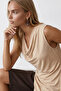 Women's Beige Degaje Collar Lycra Asymmetrical Cut Viscose Knitted Blouse Alc-X15577 - 4