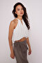 Halter Neck Balloon Crop Top with Window Detail Ekru - 3