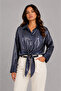 Women's Satin Look Striped Long Sleeve Oversize Shirt - Navy Blue