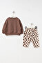 Baby Boy Top and Bottom Set with Embroidered Checkered Pattern - 3