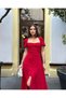 Women's Red Square Collar Watermelon Sleeve Slit Midi Dress Yel0959 - 3