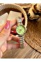 Round Tiny Stone Detailed Silver Inside Green Women's Wristwatch - 3