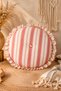 45 cm Round Linen Decorative Throw Pillow with Silicone Filling, Ruffled Red Stripes and Button Detail
