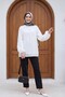 Lace-Up Collar, Buttoned, Lined, Embroidered Oversized Linen Tunic -White - 4