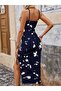 Women's Rope Strap Round Neck Patterned Side Gathered Midi Single Jersey Dress - 5