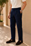 Men's Regular Fit Linen Textured Double Pleated Summer Trousers - Navy Blue - 2