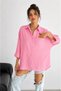 Women's Pink Cotton Oversize Fakir Long Sleeve Shirt Wide Fit Loose Blouse with Belted Waist and Buttons - 3