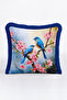 Birds and Flowers Spring Pattern Fringed Pillowcase - Sakura Pink Navy Blue Tassel Throw Pillow Cover