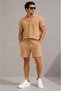 Men's 3-Piece Crepe Fabric Pocket Shirt Shorts Set Short Sleeve Lace-Up - Smoked, Black, Beige - 4