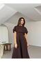 Women's Brown Square Neck Thick Strap Crepe Fabric Backless Cape with Elastic Closure Stone Detail Midi Length Evening Dress
