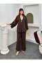 Single Gold Button V-Neck Wide Sleeve Wrinkled Textured Kimono Trouser Set 9110 - Brown