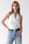 2182 Women's Degaje Collar Satin Look Shiny Sleeveless Blouse White - 4