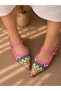Amore Linen Colorful Patterned Leather 3 cm Short Heel Strap Sandals Shoes - 2