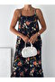 Women's Black Floral Patterned Viscose Maxi Dress with Side Pockets and Straps - 4