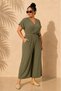 Women's Plus Size Double Breasted Collar Waist Elastic Belted Wide Leg Short Sleeve Pocketed Lightweight Stretch Aerobin Jumpsuit - 2