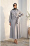 Side Tie Striped Buttoned Hijab Dress 0349-01 Black