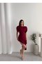 Women's Short Sleeve Boat Neck Burgundy Asymmetrical Cut Midi Length Evening Dress Graduation Dress - 2