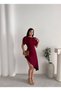 Women's Short Sleeve Boat Neck Burgundy Asymmetrical Cut Midi Length Evening Dress Graduation Dress